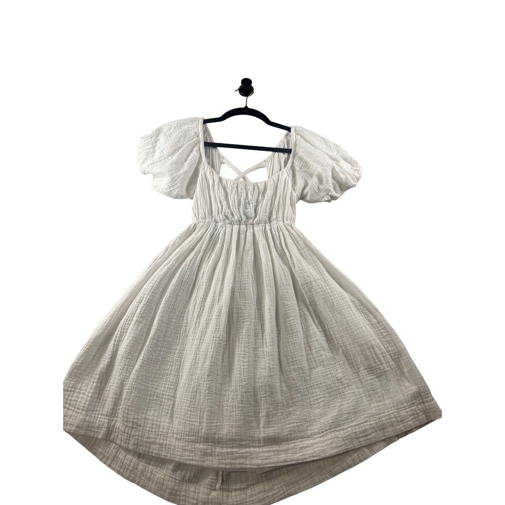 Japna White Cotton Gauze Puff Sleeve Open Back Mini Dress XS Summer Boho